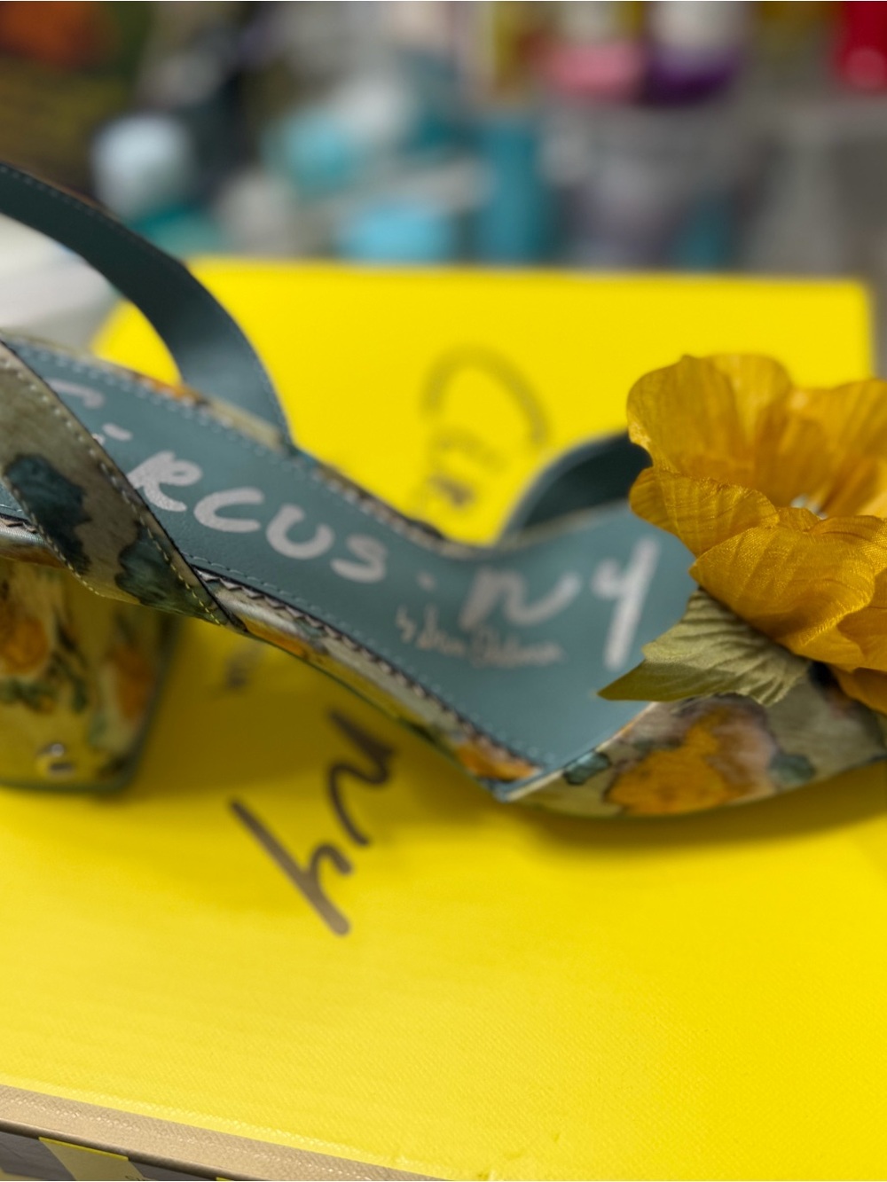 Blue Floral Block Heel Sandals with Yellow Flower Accent by Sam Edelman